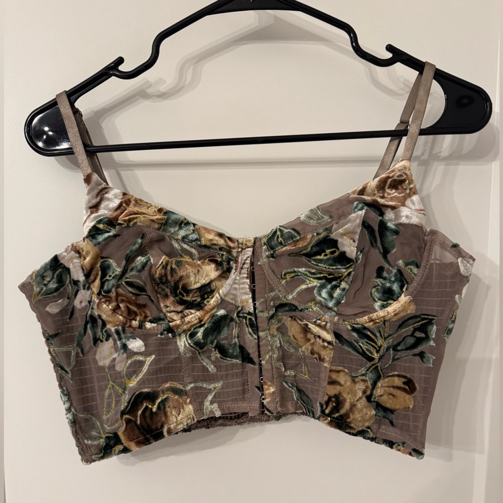 Windsor Floral Velvet Cropped Bustier Top - Taupe Green Gold